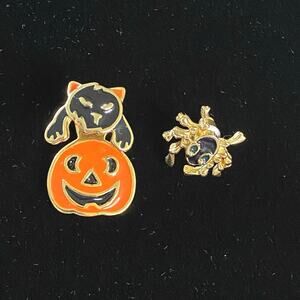 Vintage Halloween Mismatched Stud Earrings Cat Pumpkin Spider Enamel Gold Tone